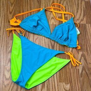 New Reversible Wild Fable Swimsuit Top Neon Green & Blue w/ Neon Orange Straps